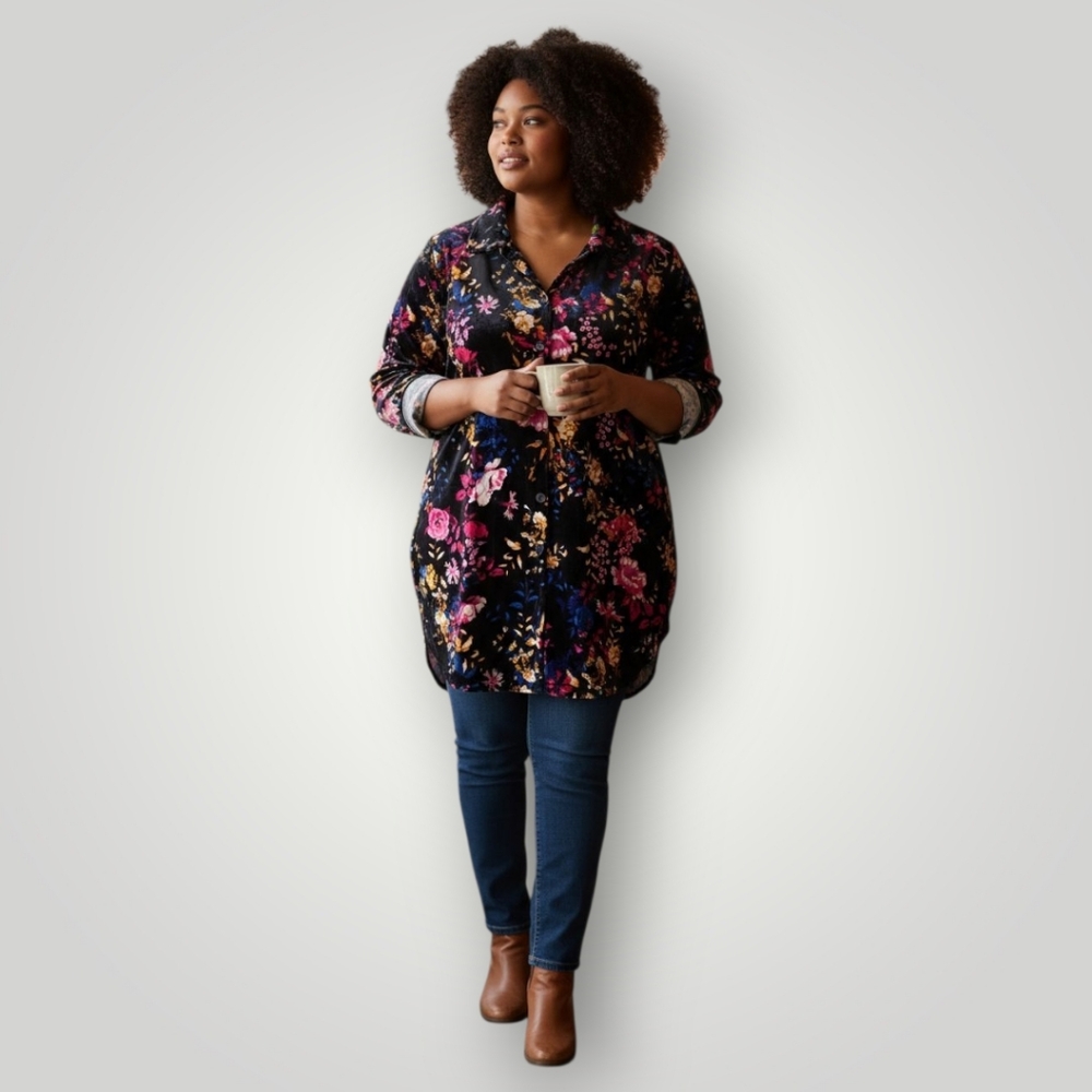 Jessica‎ London Plus 2X 26/28 Black Velvet Floral Button Down Tunic Top Long